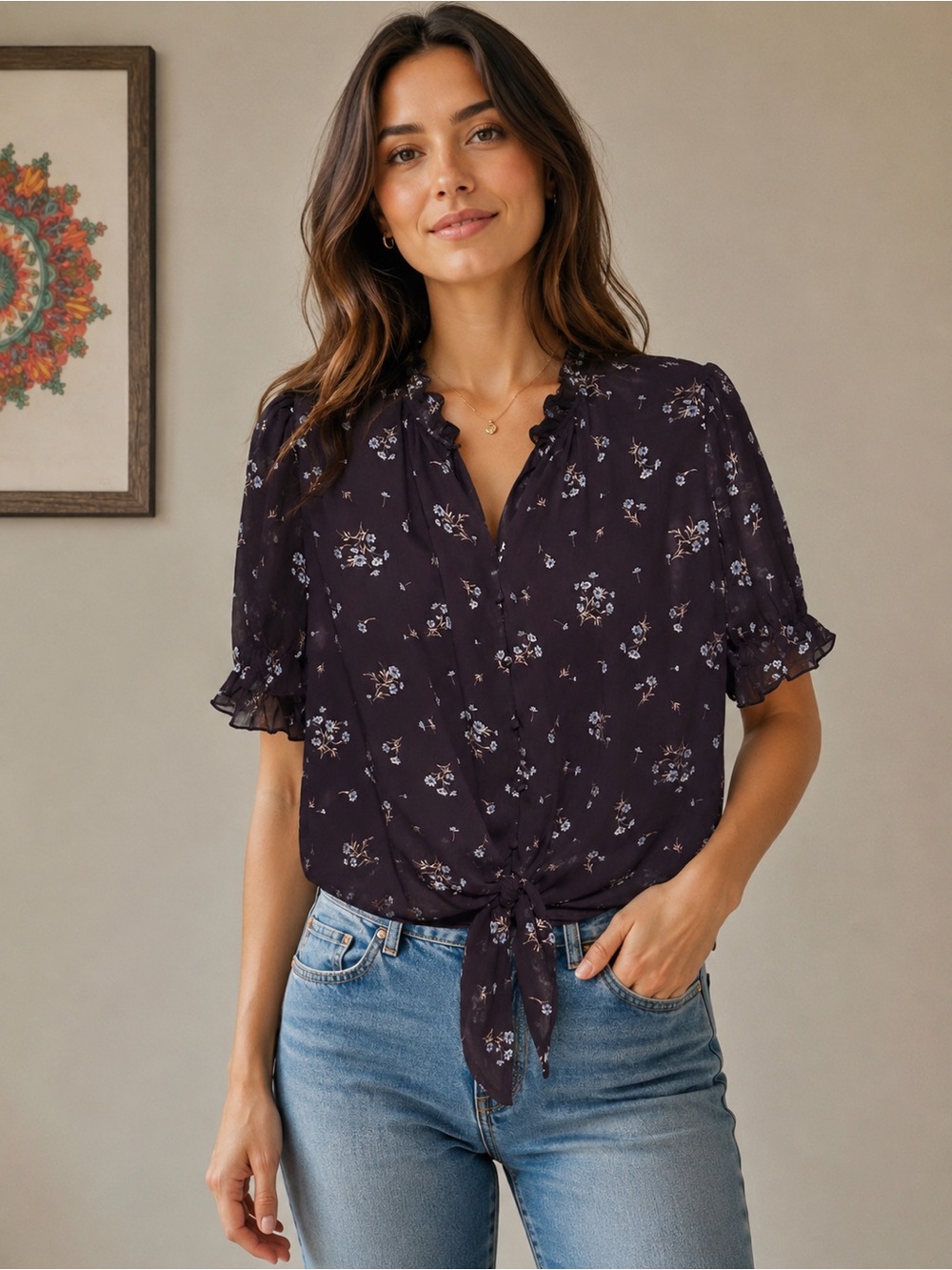 Tamara H Navy Blue Floral Sheer Chiffon Blouse | Lightweight Feminine Top